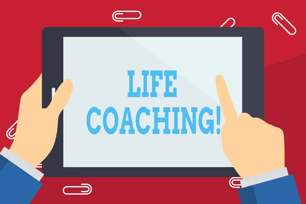 Scrivere una nota che mostra Life Coaching. Business photo showcase dimostrando impiegato per aiutare a mostrare raggiungere i loro obiettivi in carriera Businessman Hand Holding and Pointing Colorful Tablet Screen . — Foto Stock