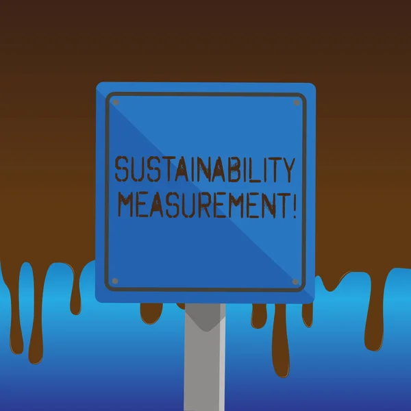 Tekstteken waarin duurzaamheid wordt gemeten. Conceptuele foto maatregel milieu sociale en economische domeinen 3D vierkante lege kleurrijke voorzichtigheid verkeersbord met zwarte rand gemonteerd op hout. — Stockfoto