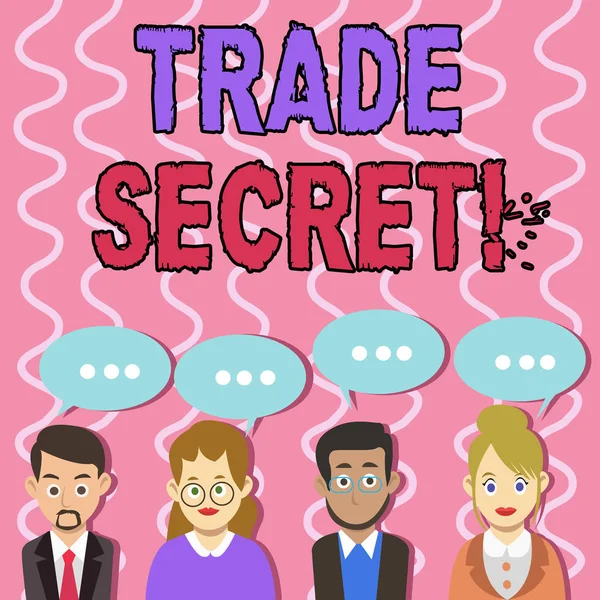 Text sign showing Trade Secret. Conceptual photo device or technique used company analysisufacturing its products Group of Business People with Blank Color Chat Speech Bubble with Three Dots.