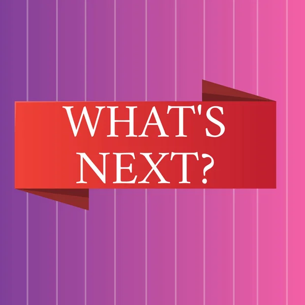 Word writing text What S Next Question. Business concept for when ask someone about his current live events actions Blank Folded Color Banner photo on Vertically Striped Two Toned Backdrop.