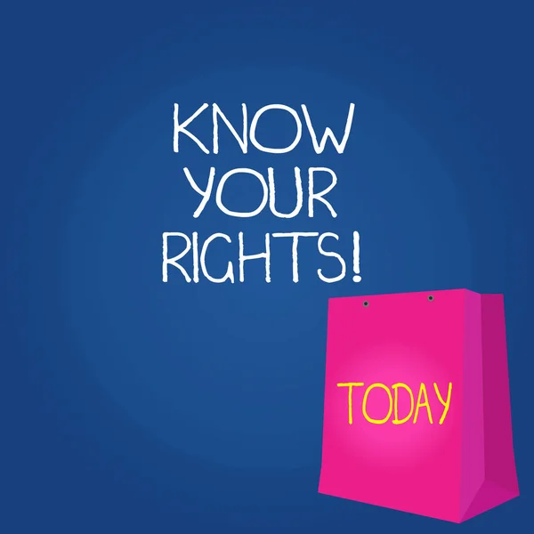 Text sign showing Know Your Rights. Conceptual photo must have knowledge about what you owe to community Color Gift Bag with Punched Hole but Without Handle on Twotone Blank Space.