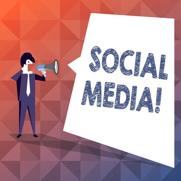 Text sign showing Social Media. Conceptual photo websites and applications enable users create and share content Businessman Shouting on Megaphone and Blank White Uneven Shape Speech Bubble.