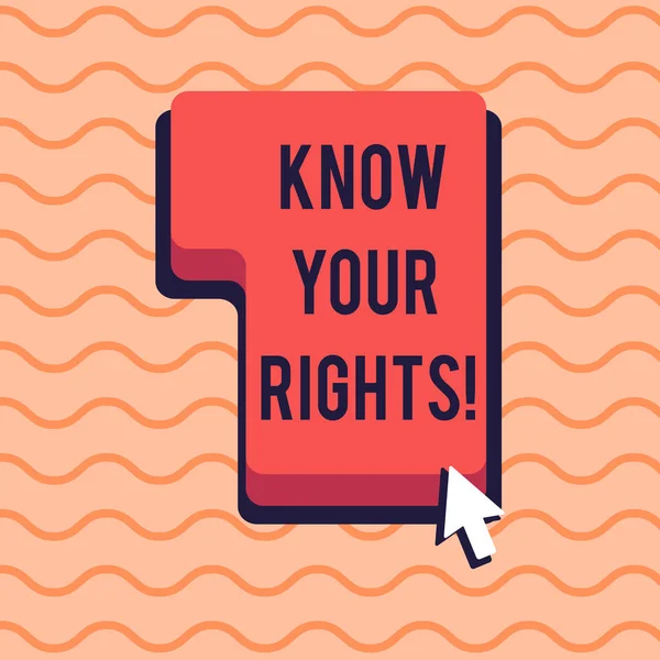 Conceptual hand writing showing Know Your Rights. Business photo showcasing must have knowledge about what you owe to community Direction to Press or Click Command Key with Arrow Cursor. — Stock Photo, Image