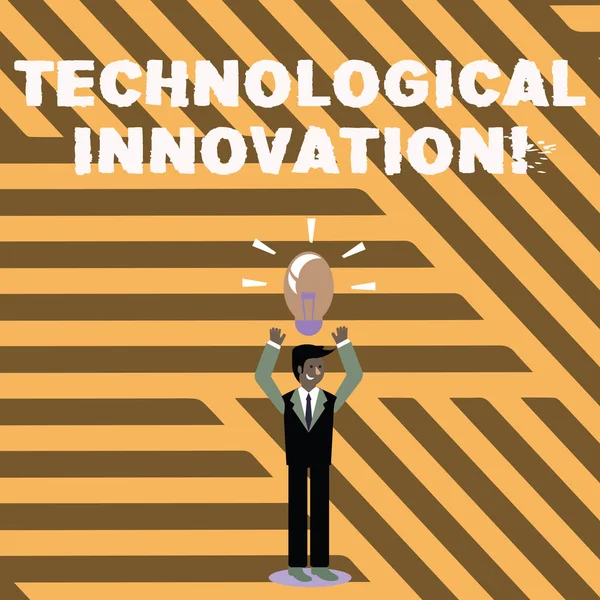 Text sign showing Technological Innovation. Conceptual photo comprise new products and its significant changes Businessman Standing Raising Arms Upward with Lighted Bulb Icon on his Head. — Stock Photo, Image