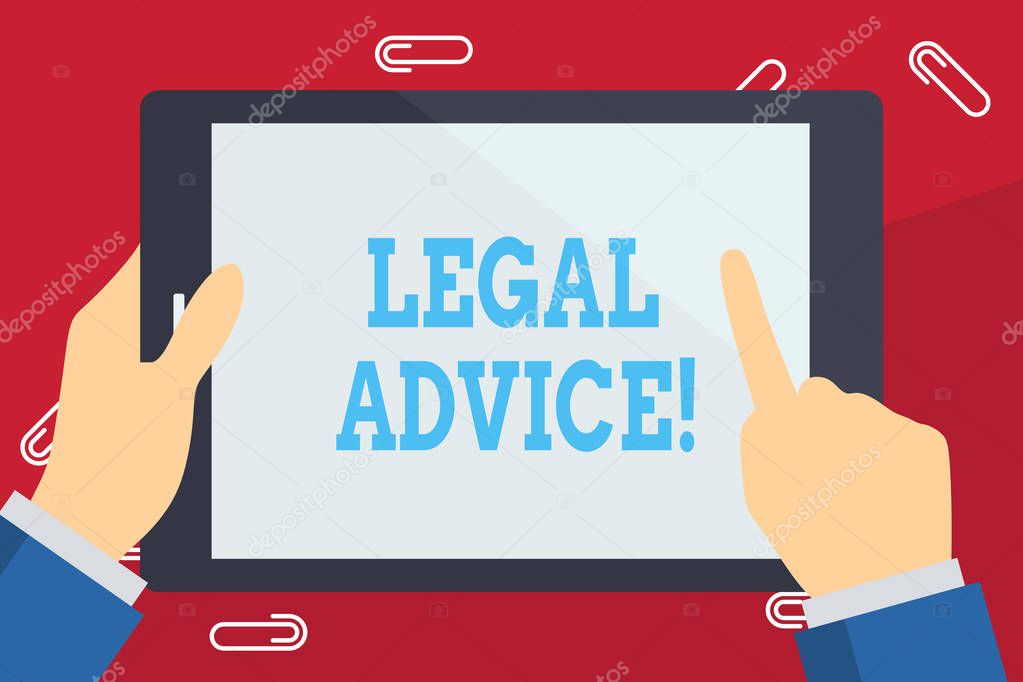 Writing note showing Legal Advice. Business photo showcasing professional advices that is provided by professional lawyer Businessman Hand Holding and Pointing Colorful Tablet Screen.