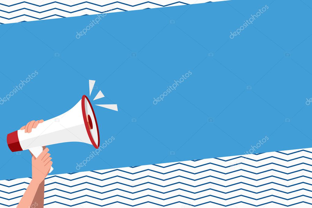 Human Hand Holding Tightly the Megaphone with Volume Icon. Blank Word Space for Announcement and Promotions. Loudhailer Grasp by Person with Sound and Empty Room for Text Graphics.