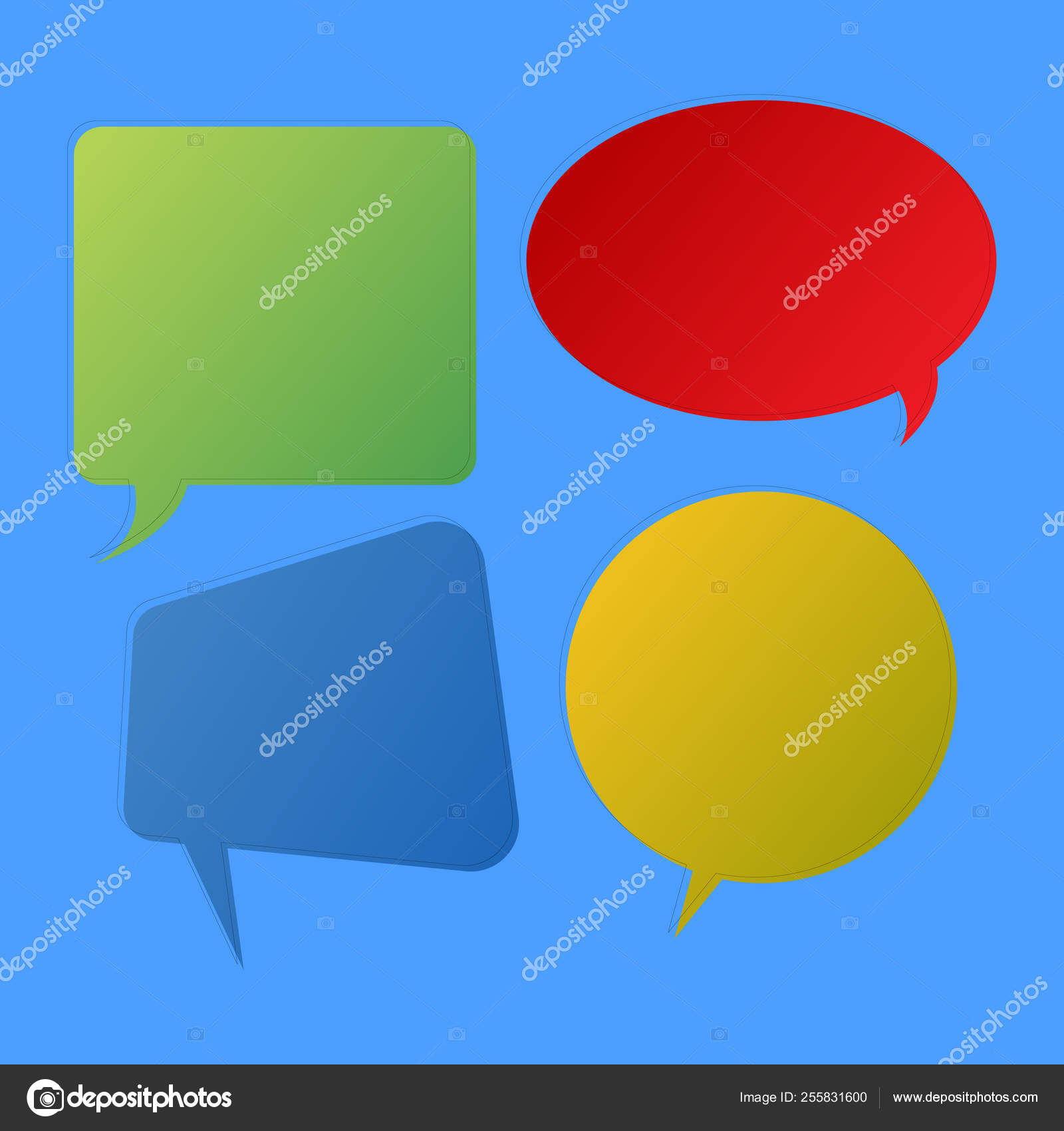 Bolha de fala em espaço em branco em diferentes formas e cores sólidas.  Vários tons e, image size:1600x1700