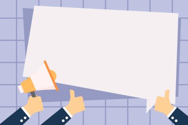 Bir yandan elinde megafon ve diğer iki başparmak yukarıya el hareketi. Boş dikdörtgen düz renk konuşma balonu şeklinde. Başarıları ve promosyonlar için yaratıcı arka plan.