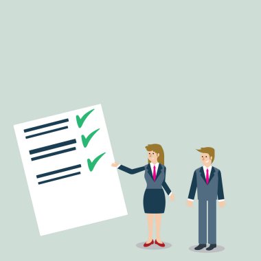 Kendine güvenen erkek ve kadın ayakta, el hareketi ve veri sunma iş elbiseli renk tahtaya rapor. Olay duyuru ve finansal tanıtımı için yaratıcı arka plan fikir.