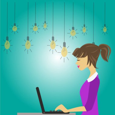 Resimde genç kadın oturmuş yan görünüm ve çalışma üstünde onu Laptop. Online iş fırsatı, teknik sunum, sosyal medya ve ağ için yaratıcı arka plan fikir.