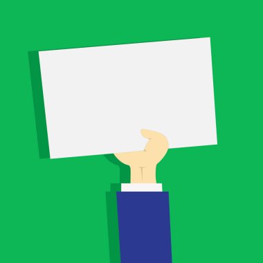 Yukarı doğru gölge ile boş bir kağıt tutan işadamı el çizimi. Önkol temiz beyaz çarşaf parmak ve başparmak arasında sıkışmış yükselterek. Düz Pastel renk zemin için.