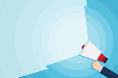 Megafon ses aracılığıyla boş geniş ışın yoğunluğunu uzanan tutan el. Hacim aralığı geniş kapsam yoluyla artan loudhailer. Duyuru için boş yaratıcı geçmiş.