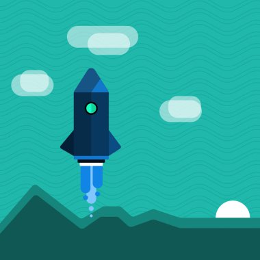 Renkli uzay aracı Servisi Rocketship dağlar ve bulutlar ile başlatma. Yeni ürünler, hizmetler ve iş başlatılması için yaratıcı arka plan fikir tanıtım ve Duyurular.