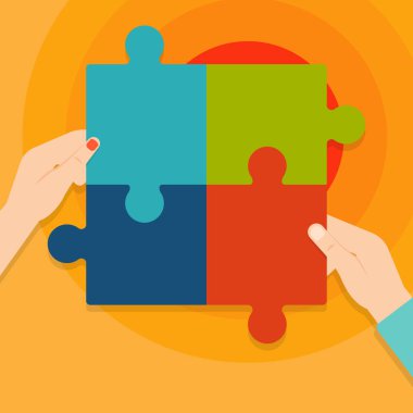 Puzzle parçaları bir araya getirmek insan erkek ve kadın eli Illustration. Dört renkli Jigsaw fayans birbirine ve Tesselating. Takım çalışması ve ortaklık için yaratıcı arka plan.