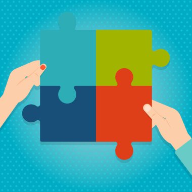 Puzzle parçaları bir araya getirmek insan erkek ve kadın eli Illustration. Dört renkli Jigsaw fayans birbirine ve Tesselating. Takım çalışması ve ortaklık için yaratıcı arka plan.