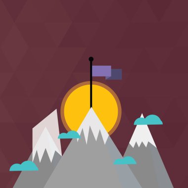 Üç Dağları kar ile küçük Bulutların ötesinde kadar gider. Bir boş renkli bayrak ayakta zirvesinde vardır. Yaratıcı arka plan fikir açık hava etkinliği macera ve başarı için.