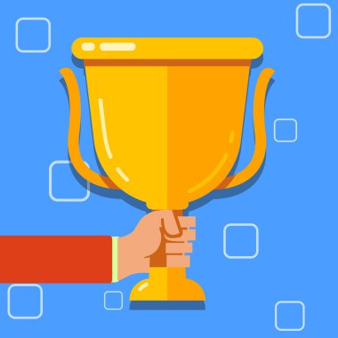 Şampiyonluk Kupası simgesi tutan insan el çizimi. Boş alan ilk yer kazanan kupa konsept fotoğraf. Başarı, başarıları ve zaferleri için yaratıcı arka plan fikirler.