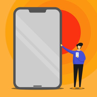 Büyük boş ekran cep telefonu parlak etkisi ile işaret ve bir gadget'ı tutan kişi ayakta. Yansıma ve açgözlü cep telefonu başka bir taraftan dev Smartphone sunan adam.