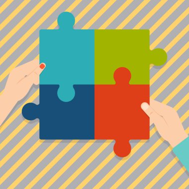 Puzzle parçaları bir araya getirmek insan erkek ve kadın eli Illustration. Dört renkli Jigsaw fayans birbirine ve Tesselating. Takım çalışması ve ortaklık için yaratıcı arka plan.