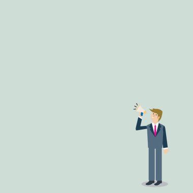 Ayakta tutan ve megafon ses simgesi ile konuşurken bir işadamı. Yukarıya bakıp Loudhailer üzerinde konuşma kıyafetli adam. Duyurular ve öneriler için yaratıcı arka plan fikir.