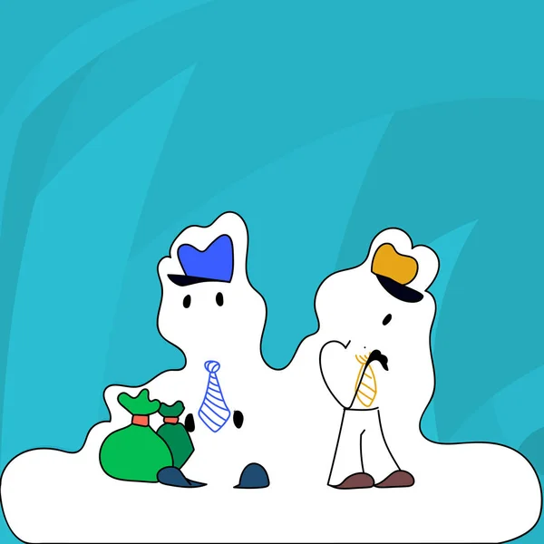 Figur zweier Männer, die mit bunter Mütze, Krawatte und Umhängetasche auf weißem Aufkleber-Stil und Schneeeffekt stehen. kreativer abstrakter Hintergrund für themenbezogene Veranstaltungen, Ankündigung und Einladung. — Stockvektor