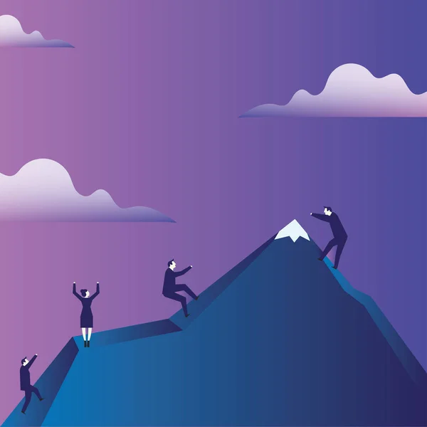 Ilustración de gente de negocios escalando la montaña por sí mismos Gestos como si se aferraran a la cuerda imaginaria. Idea de fondo creativa para el trabajo en equipo, el liderazgo, la motivación y la unidad. — Archivo Imágenes Vectoriales