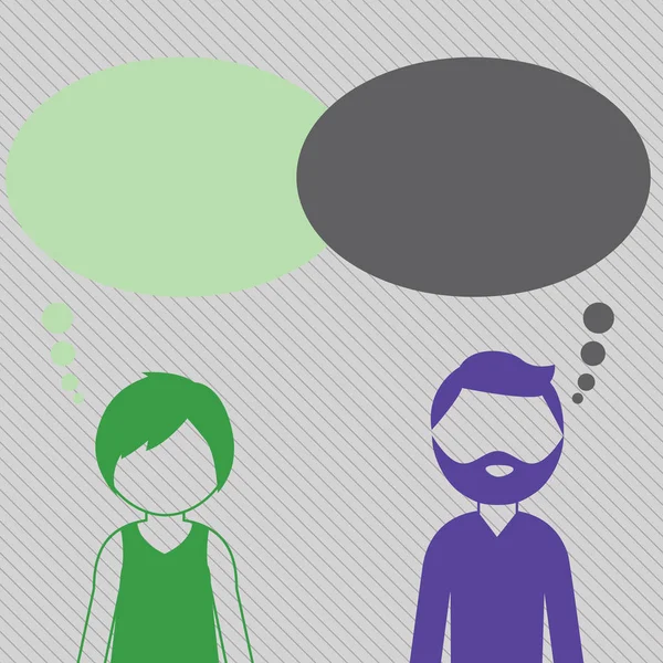 Illusztráció: szakállas férfi és nő profil kép arctalan ábra üres színes gondolat buborék. Kreatív háttér ötlet, a kapcsolat, a bejelentés és a reklám — Stock Vector