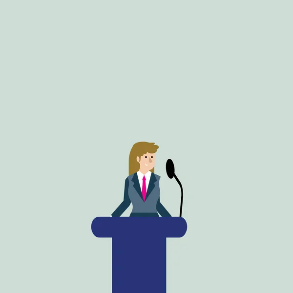 Woman in Business Suit Standing Behind Colorful Podium Rostrum photo and Speaking on Wireless Microphone. Businesswoman in Lectern Speaker Stand Talking on Built In Mic System. — Stock Vector