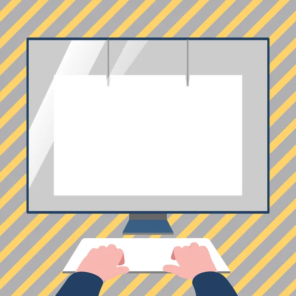 Hände auf einer Tastatur-Attrappe mit blankem weißen Monitor und Sichtschutzfolie. leere visuelle Anzeigeeinheit mit Reflexion auf Stativ montiert. Glanzglaseffekt auf dem Desktop-Computer. — Stockvektor