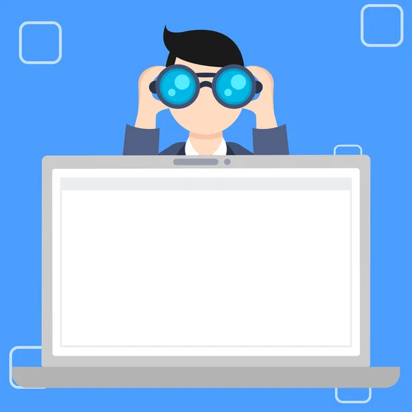 Pantalla de computadora portátil en blanco frente al hombre con binocular. Person Holding and Looking Into Field Glasses Behind Open Computer Notebook (en inglés). Monitor de PC vacío y hombre de negocios con dos telescopios . — Vector de stock