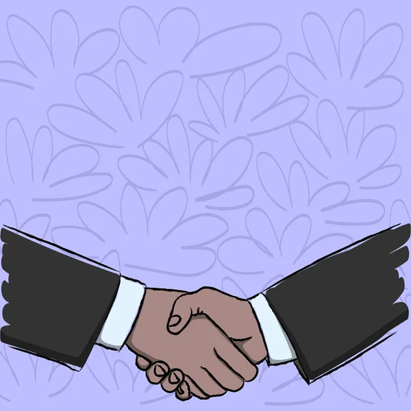 Ilustracja z dwóch biznesmenów drżenie rąk mocno jako gest formą pozdrowienia, przyjemne, zamkniętej transakcji lub umowy. Pomysł twórczy tle potwierdzenia i negocjacji. — Wektor stockowy