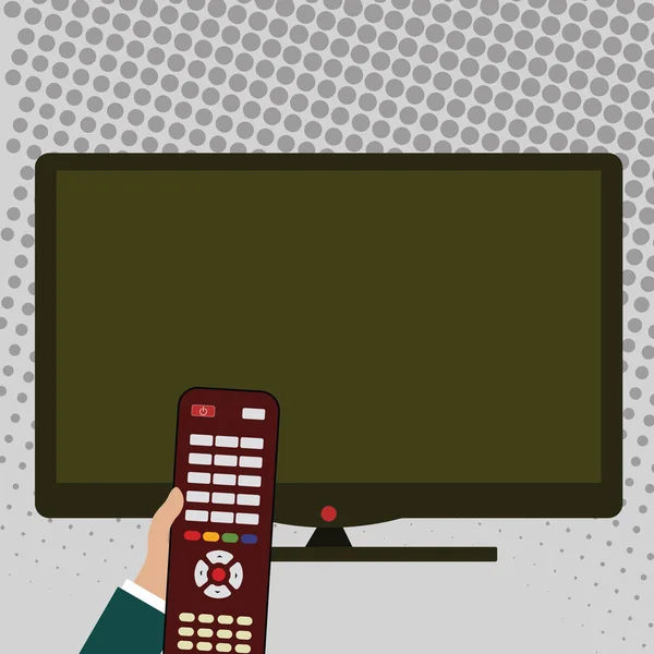 手持电脑遥控器在空白宽平面彩色电脑屏幕的前面。产品广告、信息技术文章和手册的创意背景理念. — 图库矢量图片