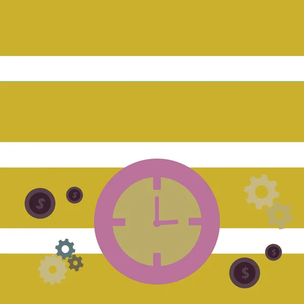 Ilustrace barevné kulaté analogové hodiny s ozubená kola převodovky a dolar měny znak ikony plochý. Myšlenka kreativní pozadí pro Time Management prezentaci a prázdné Text prostoru. — Stockový vektor