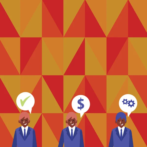 Ilustración de tres personas de negocios con cada uno tiene burbuja de habla con iconos de costo de optimización. Idea de Antecedentes Creativos para Informes Financieros Empresariales y Anuncios Start Ups . — Archivo Imágenes Vectoriales