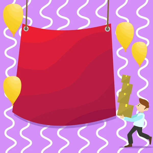 Man Walking Carrying Pile of Boxes e Balões Amarelos Espalhados. Encerado de cor branca pendurado no centro. Ideia de fundo criativo para celebração, anúncio e convite . — Vetor de Stock