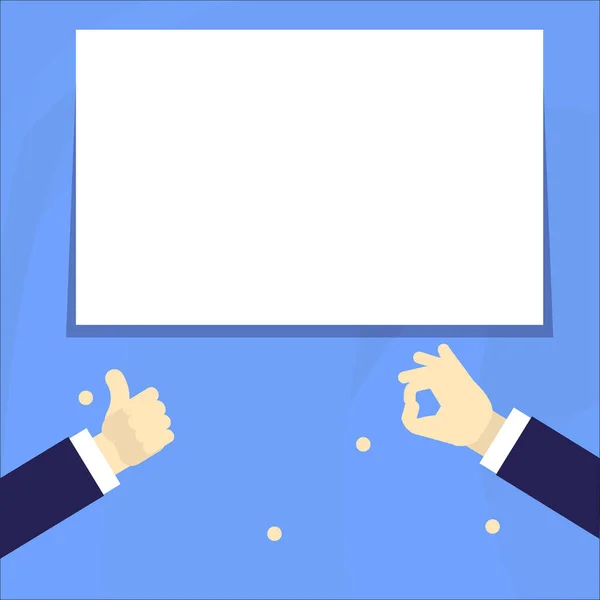 Két üzletember kezek intett a remek és rendben jel üres fehér téglalap alakú szöveg szóközzel. Kreatív háttér ötlet a termékek és szolgáltatások előmozdítása és bejelentése. — Stock Vector