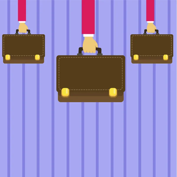 商人手手携带棕色公文包与应用缝合风格和锁。由三雄臂在西装中的手包手。旅游和配件的创意背景理念. — 图库矢量图片