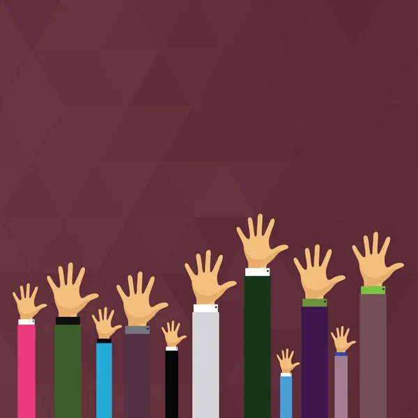 Händerna på flera affärsmän höja upp ovan huvudet handflatan mot framsidan. Kreativ bakgrund idé för valet röstar, spel och sport jublande, Triumpant och vinna, volontär. — Stock vektor
