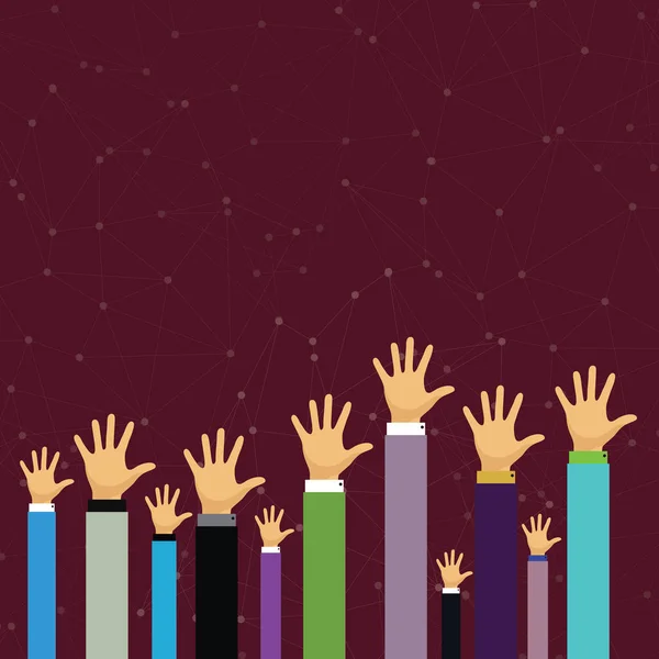 Händerna på flera affärsmän höja upp ovan huvudet handflatan mot framsidan. Kreativ bakgrund idé för valet röstar, spel och sport jublande, Triumpant och vinna, volontär. — Stock vektor