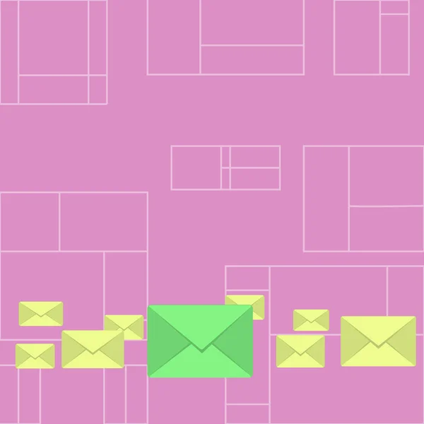 Mehrere geschlossene farbige Umschläge mit einem großen in der Mitte. Briefhülle in Pastell und verschiedenen Größen reihen sich aneinander. Kreativer Freiraum für Einladung, Korrespondenz und Themenveranstaltung. — Stockvektor