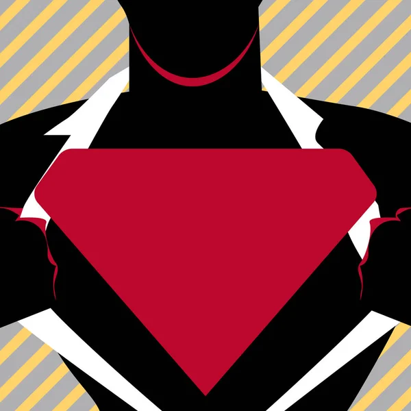 Homme en Superman Pose chemise d'ouverture pour révéler vide logo triangulaire. Silhouette masculine avec homme d'acier vide Marque déposée sur sa poitrine. Profil de super-héros avec emblème de triangle sur le sein . — Image vectorielle