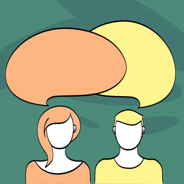 Figures illustrées et visages vierges de l'homme seule femme avec rond coloré deux bulles de parole se chevauchant. Cheveux et vêtements correspondant à l'ombre de leurs ballons texte . — Image vectorielle