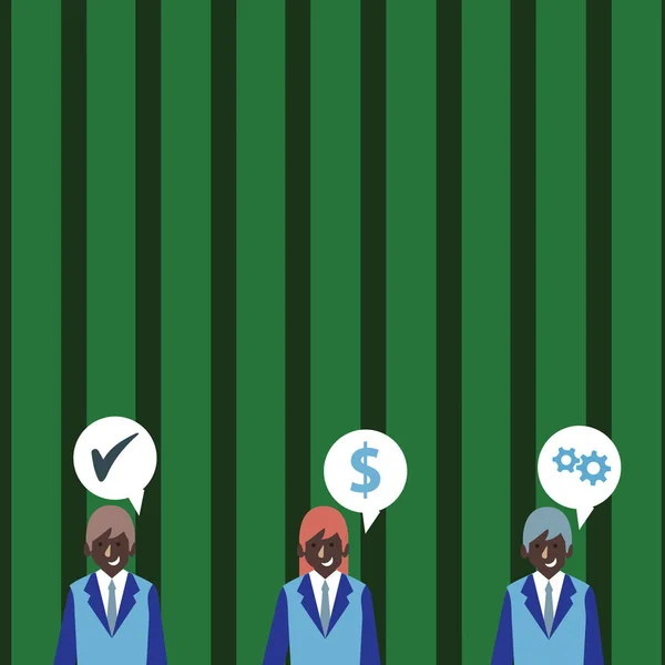 Ilustración de tres personas de negocios con cada uno tiene burbuja de habla con iconos de costo de optimización. Idea de Antecedentes Creativos para Informes Financieros Empresariales y Anuncios Start Ups . — Archivo Imágenes Vectoriales