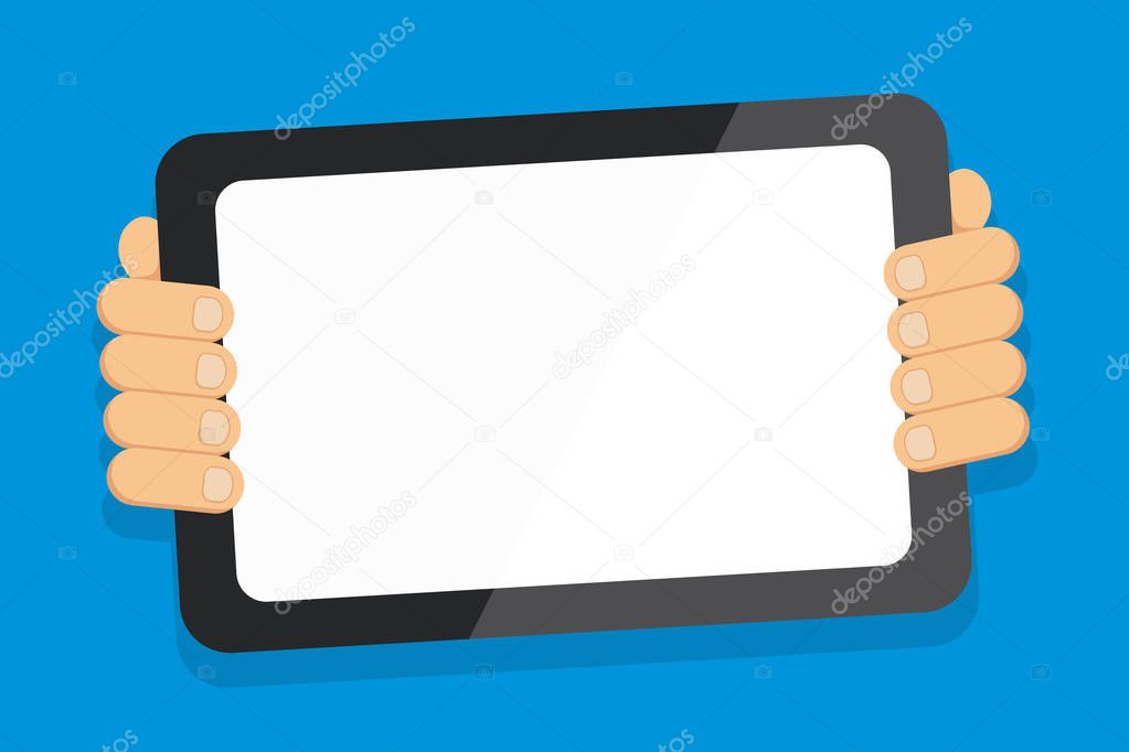 Hand Behind Color Tablet Holding Blank Screen Gadget Facing the Audience. Smartphone with White Touchscreen Handheld from the Back. Creative Background for Presentation and Report.