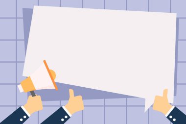 Bir yandan elinde megafon ve diğer iki başparmak yukarıya el hareketi. Boş dikdörtgen düz renk konuşma balonu şeklinde. Başarıları ve promosyonlar için yaratıcı arka plan.