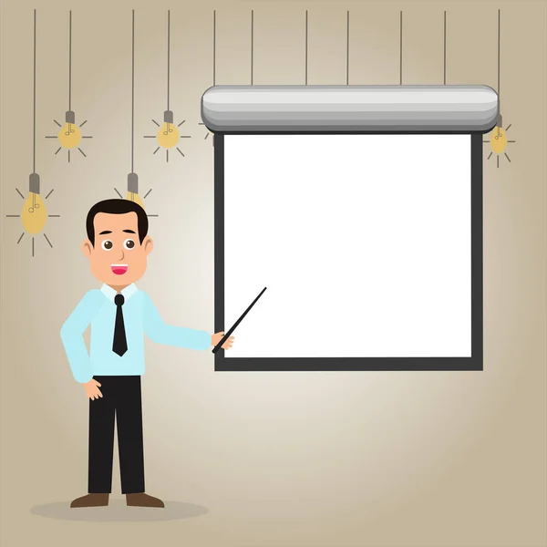 Man in stropdas staande Talking Stick naar lege witte projectorscherm gemonteerd op de muur te houden. Creatieve achtergrond idee voor opleiding aankondiging, presentatie en verslaglegging. — Stockvector