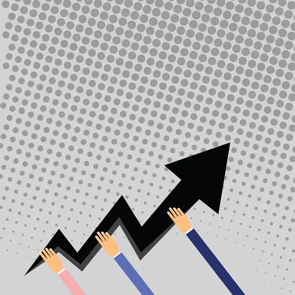 Tři ruce držící barevné klikatý blesk šipka ukazující a jít nahoru. Kreativní nápad pozadí pro reklamu pro úspěšné a snaha založit obchodní příležitost. — Stockový vektor