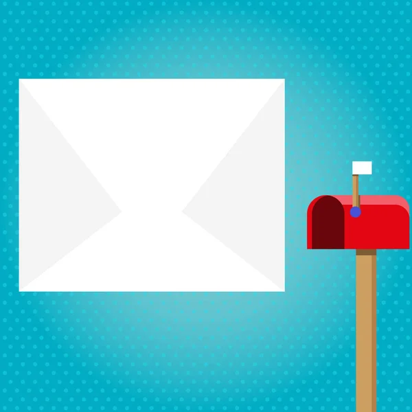 Prázdné velké bílé obálky vedle červené schránky s malou vlajku nahoru. Otevřené barva poštovní Box ve tvaru bochníku stojící a obrovské prázdné skříně pro dopis. Letterbox signalizace dokumenty uvnitř. — Stockový vektor