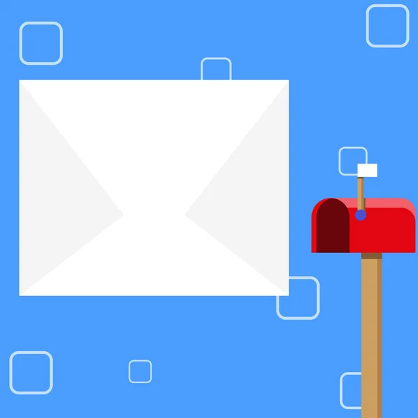 Tom stort vitt kuvert bredvid röd postlåda med liten flagga upp. Öppna post-färgrutan i limpa form ständiga och enorma tomma höljet för bokstav. Letterbox signalering dokument inuti. — Stock vektor
