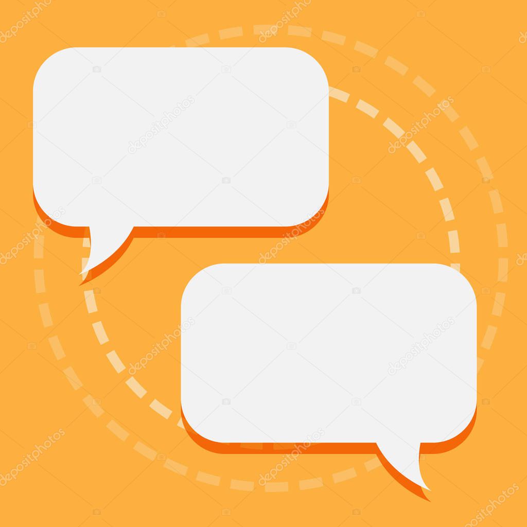 Two Rectangular Blank White Speech Bubble with Tails Facing Opposite Side. Broken Lines Forming Round Shape Design on Color Background. Text Balloon photo Engaging in Conversation.